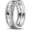 PANDORA Signature Anello con logo con pavé e perline in argento Sterling con zirconia cubica trasparente, 60