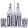Villa d'Este Home Tivoli Set condimento olio, aceto, sale e pepe in vetro e acciaio inox, stand in ferro, bianco, Bigismore