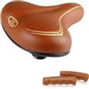 MADICKS Sella marrone per Bici city bike confort - Molto comoda per uomo e donna - Taglia unica completa di morsetto - Grande seduta Brown + Coppia Manopole marroni in gomma morbida e forma ergonomica