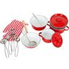 Small Foot 8964 Batteria da cucina rossa small foot, pentole in metallo per le cucine da gioco per bambini, incl. guanti e utensili da cucina, 13 pezzi, a partire da 3 anni