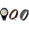 Mr. Gadget's Solutions Orologio analogico da uomo, casual, in pelle, quadrante rotondo, datario, cassa nera, orologio sportivo da polso con 2 bracciali, set da 3 pezzi, Nero , Moderno