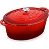 Velaze Casseruola in Ghisa, Pentola a Induzione per Stufati e Brasati, Cocotte Casseruola con Coperchio in Rivestimento Smaltato, Forno Olandese, Rosso, Ovale - 34 cm, 7 L