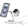 Belkin Supporto di ricarica wireless magnetica 3 in 1 con Qi2 (15 W), compatibile con MagSafe, caricatore rapido per iPhone 16/15/14/13, AirPods, Apple Watch e altri (alimentatore incluso) - Bianco