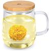 Navaris Brocca da Tè con Infusore - Bicchiere Teiera con Manico e Colino in Vetro Borosilicato - Tappo Sottobicchiere Bambù e Metallo - Tazza Regalo