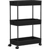 Klihome Carrello da Cucina a 3 Ripiani, Carrello Cucina con Ruote Bloccabili, Carrellino Salvaspazio con Cestelli Incavati, 4 Ganci, Mobiletto Multiuso per Soggiorno Bagno, in Plastica e Metallo, Nero