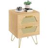 Yaheetech Comodino da Letto con Cassetti in Rattan Comodino Moderno Mobiletto da Camera da Letto Porta Lampade Legno Quercia Chiaro 40 x 40 x 55 cm