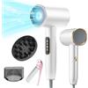 Bizcasa Asciugacapelli Ionico 2400W,Professionali Salone Phon con display LCD, 3 Impostazioni di Temperatura, 2 Velocità,Hair Dryer con Diffusore e ugello per lo Styling e pettine pieghevole (Bianco)