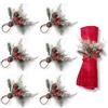 TIVUNORON 6 Pezzi Set di Portatovaglioli Natalizi con Pigne, Portatovaglioli Natalizi con Bacche Rosse, Portatovaglioli Bacche Pigna Ago di Pino, per Natale, Anniversari, Matrimoni d'inverno, Feste, Banchetti