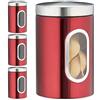 Relaxdays 4X Barattolo, con Coperchio, Finestra Trasparente, 1,4 L, caffè, Sale, Zucchero, Pasta, Cucina, Metallo, Rosso