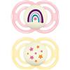 MAM Perfect Night Confezione Doppia Succhietto 16+ Mesi (Set da 2), Ciuccio MAM 16 36 mesi silicone che si illumina al buio, 2 accessori neonato per lo sviluppo orale con porta ciuccio, Rosa/Giallo