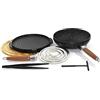 MasterHome Padelle Tonda Doppia Cottura Del Testo Romagnolo In Pietra Lavica Antiaderente Liscia e Grigliata + Padella Wok + sottopentola in legno Sagomato + Spargifiamma Effetto Forno Black cm28