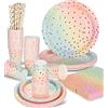 NEFLSI 25 Ospiti Stoviglie Per Feste,Party Tableware 125 Pezzi Stoviglie Carta Set Piatti bicchieri festa compleanno,Piatti Di Carta Festa Paglia Coppa Bicchiere Carta Tovagliolo Arcobaleno per Feste a Pois