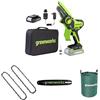 Greenworks 24V Mini motosega 10cm a batteria senza filo alimentata da una batteria da 2Ah + Greenworks 10cm catena 2 pieces+ Greenworks 10cm barra a catena + Greenworks Sacco da giardinaggio da 120l