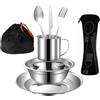 pobowlgarls Set di posate da campeggio per esterni, in acciaio inox, kit di misurazione include piastra, ciotola, cucchiaio, forchetta, coltello, in tasche a rete, per campeggio, zaino per una persona