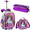 Egchescebo Zaino Trolley Scuola Elementare Unicorno con Perline Bambina Ruote Regoli da Viaggio Carrello Porta per Bimba Ragazza Seven Media Asilo Bambino Superiori Ragazza Rotelle 17 3pcs Colorato