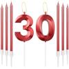 mciskin Candele rosse per il 30° compleanno - Candela numero 30 con design 3D per torta con set di 6 candele lunghe/sottili, decorazione rossa per torta per il 30° compleanno donna, forniture per