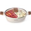 DEZIN Pentola Shabu a doppio sapore da 5 QT con divisore, pentola antiaderente a due lati da 30,5 cm divisa per piano cottura a induzione, fornello a gas e fornello caldo, mestolo incluso