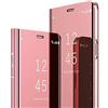 COTDINFOR Samsung Galaxy A50S Custodia Placcatura Specchio Clear View Standing Cover Slim Mirror Flip Portafoglio Antiurto Case con Funzione Stand per Galaxy A50S / A30S Mirror PU Rose Gold MX.