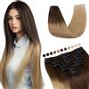 Elailite Extension Capelli Veri Clip #4/#27 Marrone Cioccolato shatush Biondo Scuro, 25cm 50g 8 Fasce Singole Intera Testa 100% Remy Human Hair Naturali Lisci