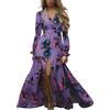 Generisch Abito da donna elegante, floreale, sexy, con scollo a V, abito estivo manica lunga, vintage occidentale country, abito maxi casual con cintura, lungo, boho, da festa, XXXL