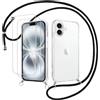 Votvloay Cover Cordino per iPhone 16 6,1 con 2 x Pellicola Protettiva Vetro Temperato, Trasparente Custodia con Laccio Tracolla Corda, Sottile TPU Silicone PC Antiurto Case per iPhone 16, Nero