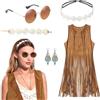 XLZJYIJ Costume da Hippie da Donna con Gilet Nappa Occhiali da Sole Collana Orecchini Cerchietto Braccialetti, Vestito Hippie Donna, Accessori Hippie da Donna, Costume Hippie Donna Anni 60 Anni 70 (XL)