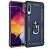 JOYTAG Cover per Samsung A50 Custodia + Vetro temperato Silicone TPU 360 Grado Anello Girevole Magnetico Supporto Cassa del Telefono dell'auto Case-Blu