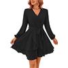TcIFE Vestito Casual da Donna Scollo a V Manica Lunga Abito, Elegante Cravatta Volant Mini Swing Skater Abiti Corto, Nero, XL-1