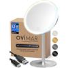 ovimar Specchio cosmetico Bogo argento | con illuminazione | ricaricabile | indipendente | nel bagno | Specchio ingranditore 5x | Specchio per il trucco con luce | Specchio a 360 gradi