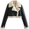 Generic Giacca in pelle da donna con colletto in pelliccia invernale caldo cappotto a maniche lunghe motociclista giacca corta invernale calda con cintura cappotto in montone, Nero , XS
