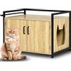 BAKAJI Mobile Lettiera per Gatti Rialzato con Ingresso Laterale a Forma di Gatto, Armadietto Multiuso Animali Domestici, 2 Ante Chiusura Magnetica Cuccia Struttura in Ferro 75x55x51cm (Legno Naturale)