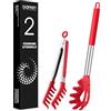 DaiRen Kitchen Cucchiaio per spaghetti e pinza per pasta, cucchiaio in silicone antiaderente con denti e manico in acciaio inox, pinza per spaghetti e spaghetti (rosso)