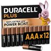 DURACELL Batterie Plus AAA (Confezione da 12) - Batterie Alcaline da 1,5 V - Fino al 100% di durata extra con Attivi POWER BOOST - Affidabilità per i dispositivi di utilizzo quotidiano - MN2400