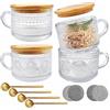 Eidoct Set di 4 tazze da caffè vintage in vetro con manico, contenitori per l'avena durante la notte, con coperchi in legno, sottobicchiere e cucchiai, tazze da caffè in vetro con manico, per