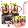 AUROAY Bicchieri Moscow Mule Rame,Set di 4 Tazze Moscow Mule,Boccali Placcati Rame Fatto a Mano in Acciaio Inossidabile 550ml,Bicchieri Cocktail Mugs con Cannucce Spiedini Mosurino Scovolino