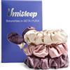 Umisleep Set di 3 scrunchies in seta al 100% per donne, morbidi elastici per capelli per meno crespi e rottura, elastici per capelli senza impronte (rosa+champagne+viola prugna)