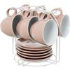 DRW Set di 6 Tazze e Supporto in Porcellana e Metallo, Bianco E Pesca, Medidas: 9x8x9 cm