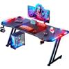 HLFURNIEU Scrivania Gaming LED, 160 x 60 cm Tavolo Gaming Ergonomica, Postazione Gamer con Portabicchieri e Gancio per Cuffie, Scrivania con Gamer Superficie in Fibra di Carbonio, Nero