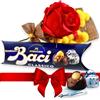 NARAMAKI® Idea Regalo Maestre - 37,5g Cioccolatini Baci Perugina + Rosa Rossa Artificiale + Bouquet di Mimosa Avvolto da Juta | Regalo Amica|8 Marzo
