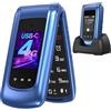 USHINING Telefono Cellulare Anziani 4G, Cellulare per Anziani Tasti Grandi a Conchiglia con Doppio Schermo da 2,4 e 1,77 Pollici Doppia SIM USB-C Pulsante SOS Base di Ricarica Volume Alto Sveglia, Blu