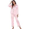 Generic Pigiama da donna con bottoni, in raso di seta, pigiama da donna con stampa floreale e piume, a righe, a maniche lunghe, pigiama con tasca sul petto, top a maniche lunghe e pantaloni del pigiama, rosa,