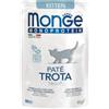 Generico Monge Monoprotein Gatto Patè, alimento completo monoproteico per gattini cuccioli, monge umido gatto gusto TROTA | 12 bustine da 85 grammi l'una.