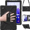 BRAECN Cover Compatibile con Samsung Galaxy Tab A7 10.4 Pollici 2022/2020(SM-T500/SM-T503/SM-T505/SM-T507)，Antiurto Robusto Custodia con Supporto Girevole a 360°, Cinghia a Mano e Tracolla, Nero