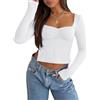 ROFUSSO Camicia a Maniche Lunghe da Donna Top Manica Lunga Y2k Top a Maniche Lunghe Basic Top Casual Slim Fit Top a Maniche Lunghe con Bustier Plissettato e Scollo a Cuore(Bianco,L)