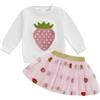 MAHUAOYIXI Set di vestiti per neonata autunno inverno 0-4 anni con fragole ricamate a maniche lunghe felpa pullover con cappuccio maglietta + gonna tutù gonfia in vita elastica, bianco, 6-12 Months