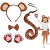 EUPSIIU 4 Pezzi Costumi da Scimmia, Costume Animale Orecchie di Scimmia Fascia Coda Lunga Scimmia Artiglio Guanti Papillon, Scimmia Cosplay per Bambino Halloween Carnevale Festa Costume (Scimmia)