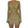 Lemoiitea Set sexy da donna in tinta unita moda maglione lavorato a maglia con perline set manica lunga scollo a V Slim Fit Lace up Tops+avvolgere gonna corta due pezzi Sexy Fishnet paillettes abiti per le