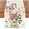 Tarklanda Runner da Tavola Pasqua Runner Tavola Lino Lavabile Tovaglia Runner Coniglio Fiore Foglie Verdi Uovo Primavera per Tavolo da Pranzo per Sala da Pranzo Picnic Feste Cucina 40x140cm