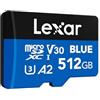 Lexar Blue Scheda Micro SD 512GB, fino a 160 MB/s in lettura, scheda microSDXC UHS-I, C10, U3, V30, A2, video Full-HD e 4K, scheda di memoria ad alta velocità per smartphone/tablet/action camera