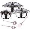 SAN IGNACIO Batteria da 5 pezzi in acciaio inox: pentola Ø16 x 7,5 pentole da Ø18 x 8,5 e Ø20 x 9,5 cm, induzione + set 3 utensili da cucina in acciaio inox